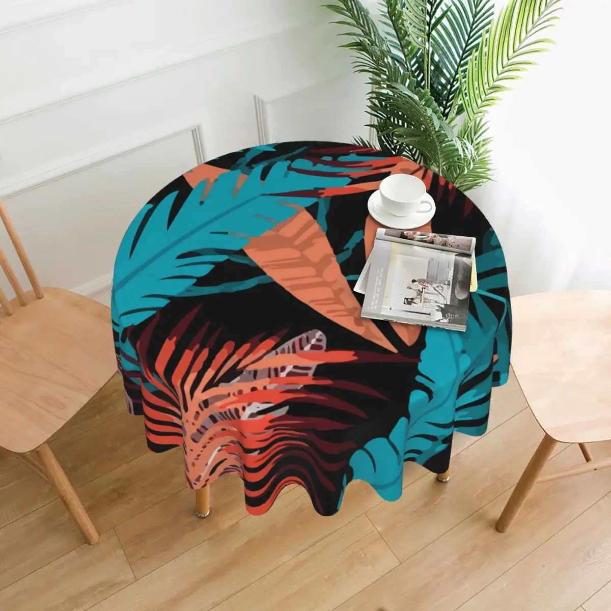 

Tropical Plants Round Tablecloth Bright Leaves Print Graphic Table Cover For Events Dining Tables Funny Outdoor Table Cover