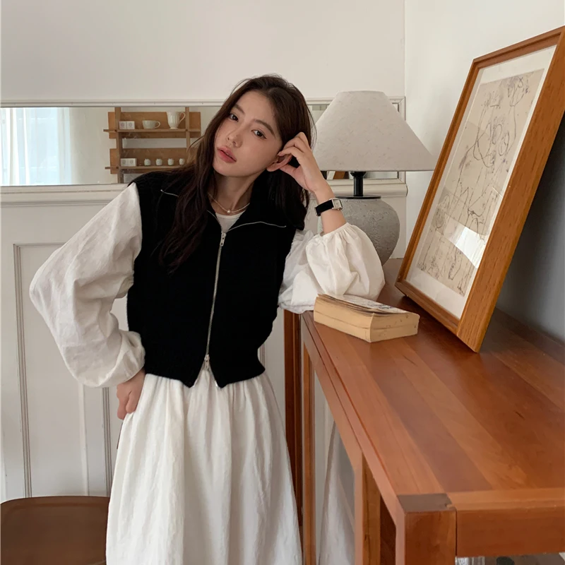 세련된 한국 스타일 정장 스커트 여성 봄 가을 폴로/거북이 목 조끼 카디건 자켓 루즈 피트 라운드 넥 드레스 세트