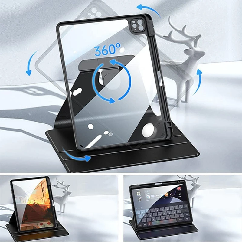 Rotating Stand Case with Pencil Holder and Acrylic Back for iPad Pro 13 Inch, Auto Wake/Sleep Function