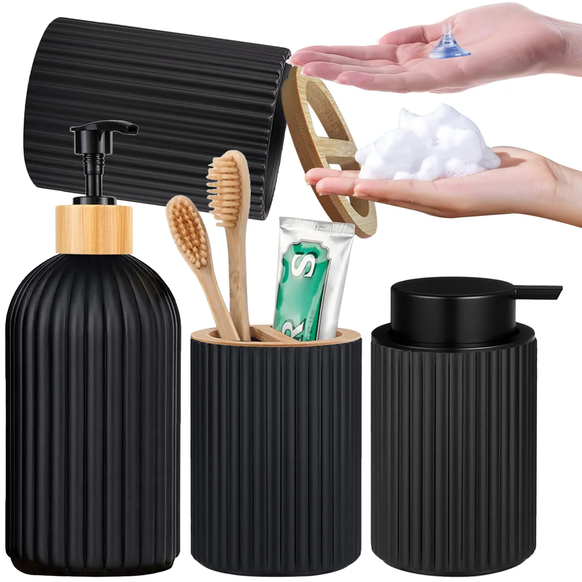 Hand Foaming Soap Dispenser Bottle 2pcs/set With Toothbrush Toothpaste Holder Morden Stripe Design Hand Dispenser Bomboo Pump Li