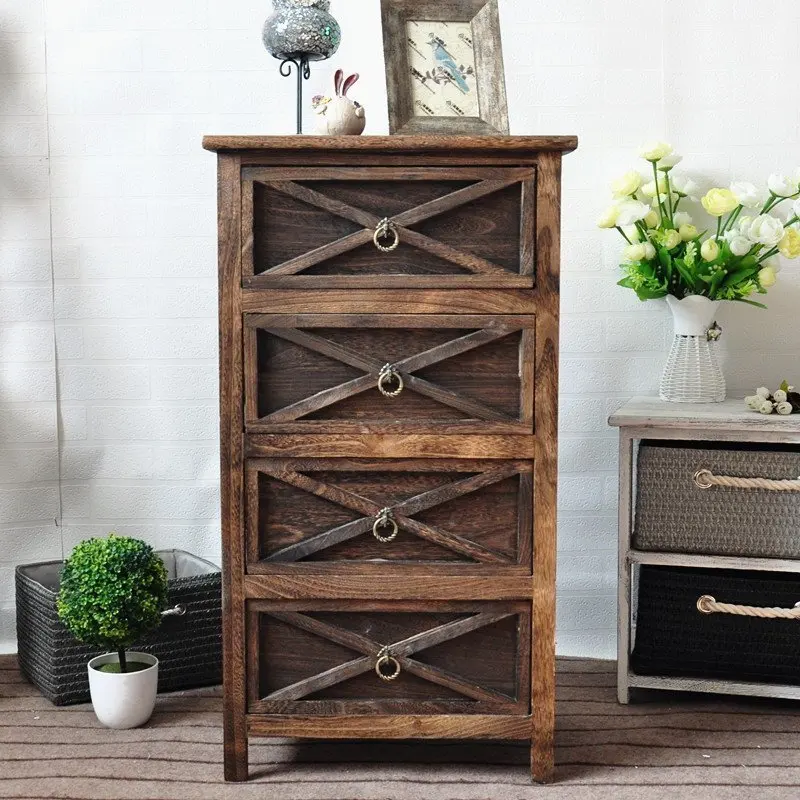 

American bedside table pastoral retro simple solid wood bucket cabinet rattan storage cabinet drawer multi-layer wooden cabinet