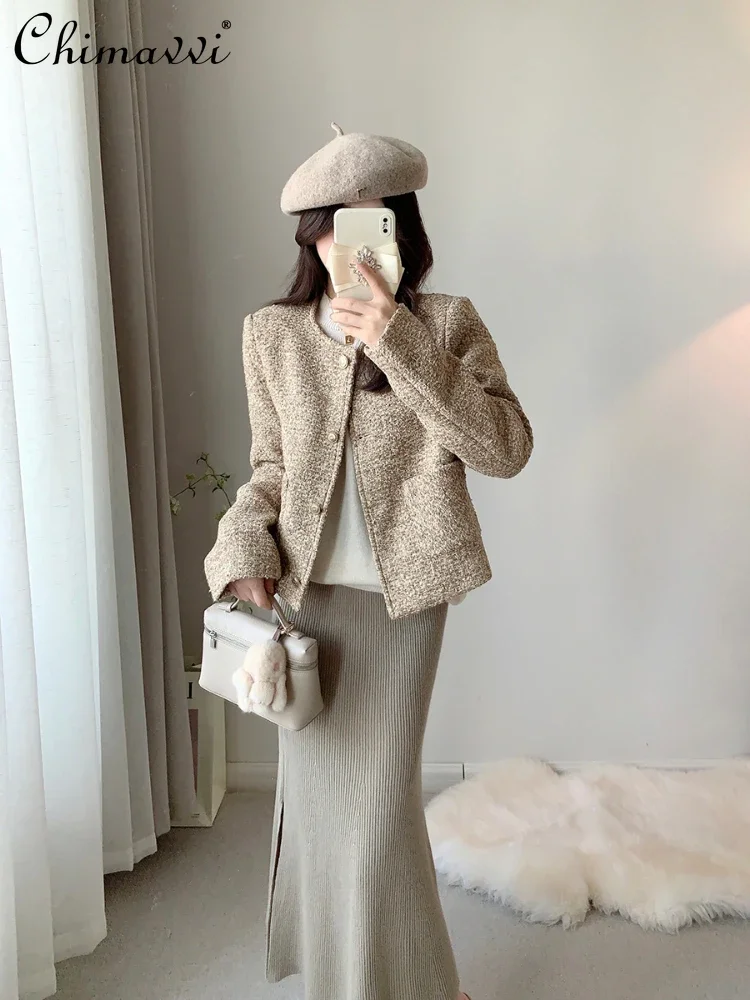 Fashion Khaki Long Sleeve Round Neck Short Coat High Waist Knit Skirt 2023 Autumn Winter Commute Style Women's Two-Piece Set