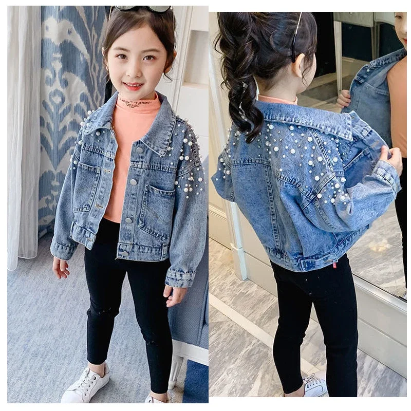 

2023 New Spring Pearl Embellishment Teenage Girls Denim Coat Children Fashion Windbreaker Kids Birthday Present Outerwear