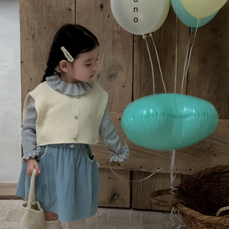 가을 봄 아동 단색 버튼 조끼 여자 니트 조끼 빈티지 한국 스타일  민소매 스웨터 가디건