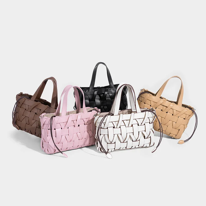 Fashionable Soft Leather Bucket Bag Women's Handbag Woven Hollow out Design Single Shoulder Crossbody Trendy New 2025