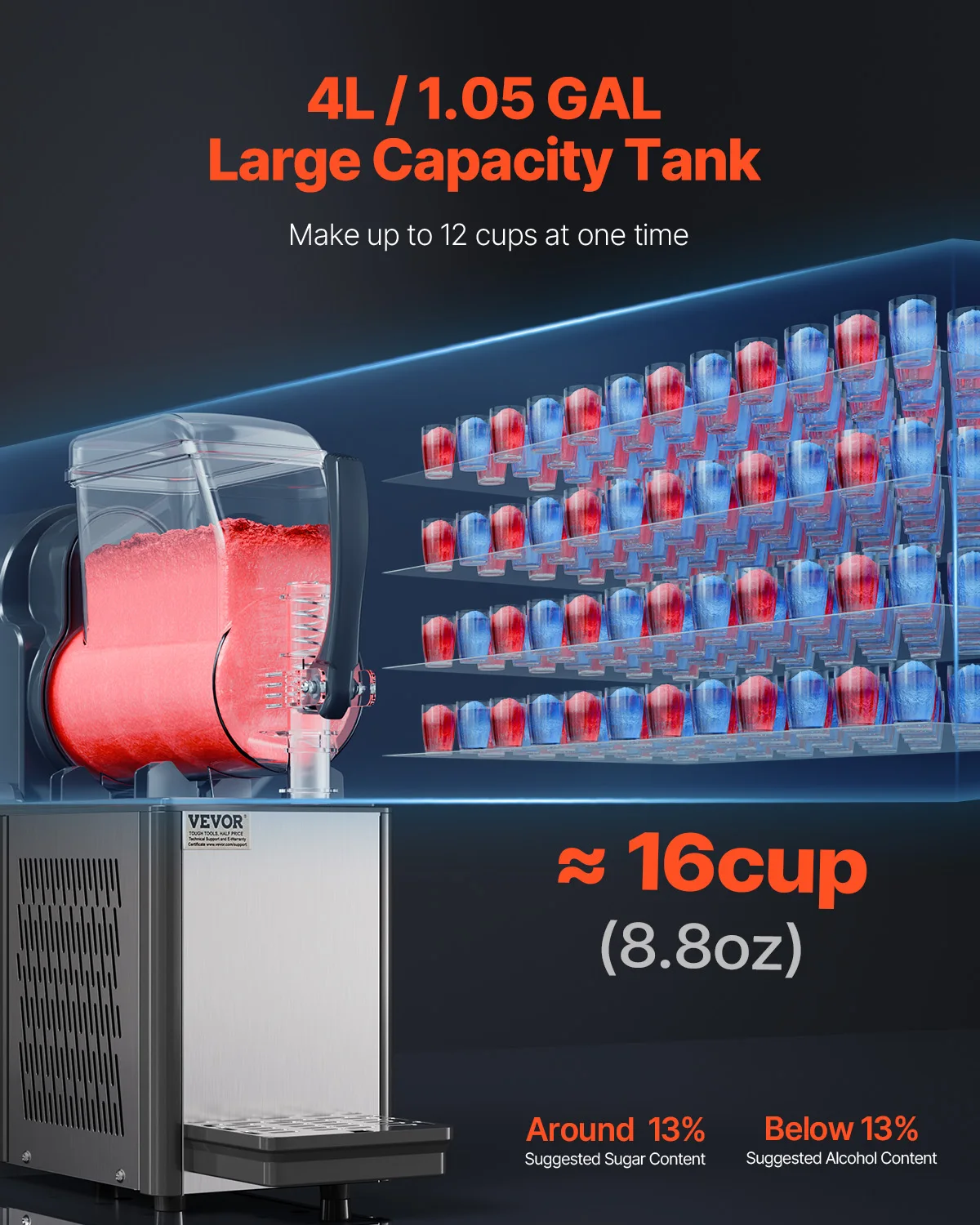 VEVOR Commercial Slushy Machine,4L Single Tank Frozen Drink Machine,16Cups Stainless Steel Margarita Smoothie Frozen Drink Maker 2