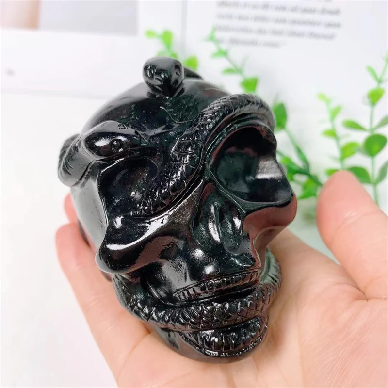 

8cm Natural High Quality Crystal Black Obsidian Snake Skull Hand Carved Crafts For Halloween Decoration Gift 1pcs