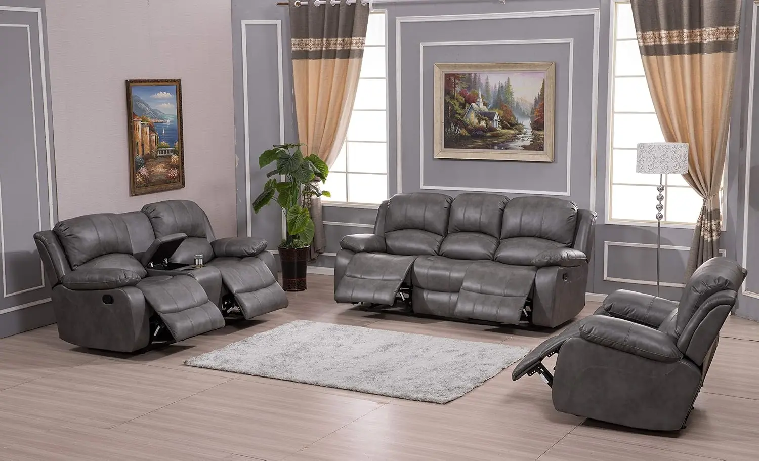 3PC Bonded Leather Reclining Sofa Chair Set Living Room Set Sofa Loveseat Glider Chair 8018 Multiple Colors Gray