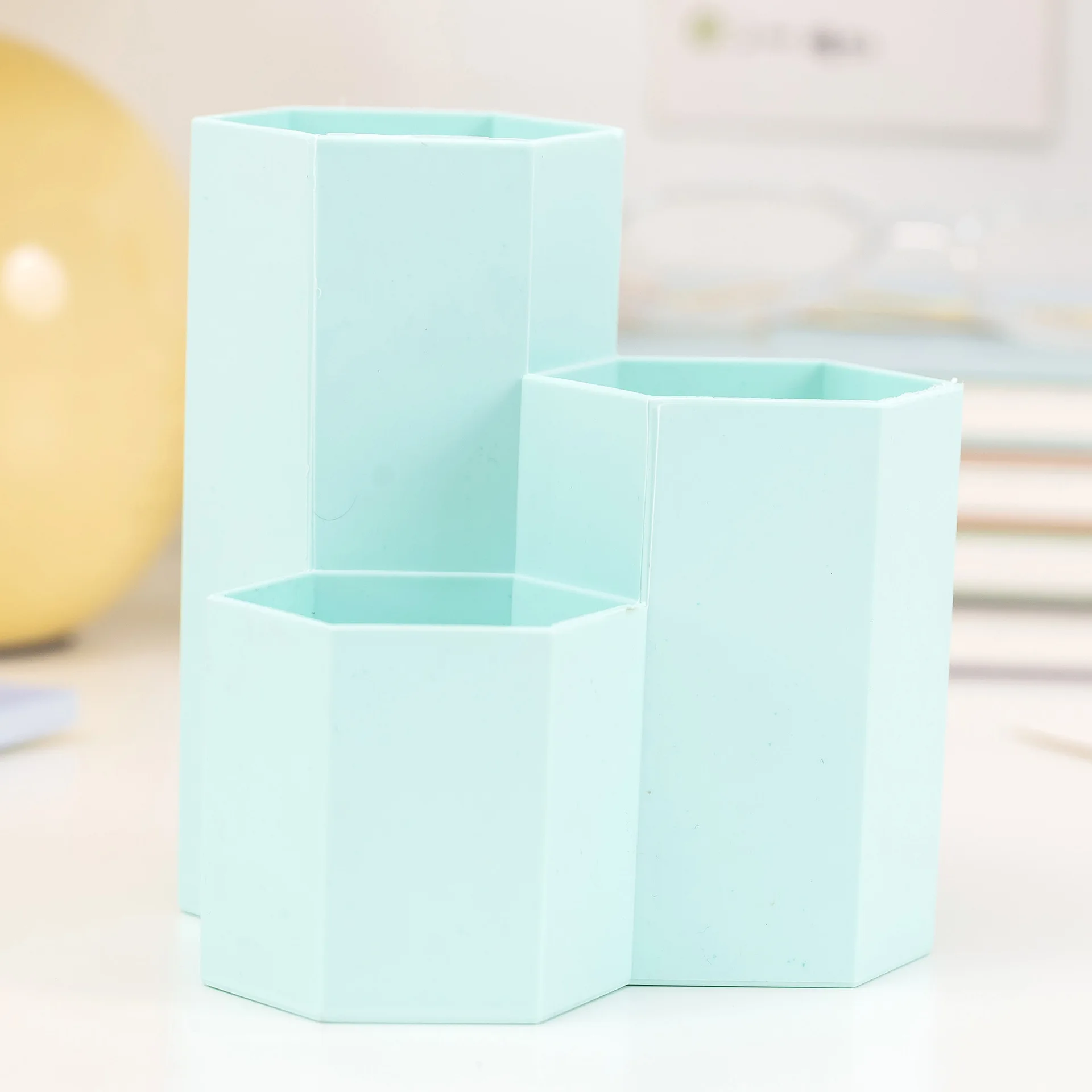 New Hexagonal Desktop Organizer Large Capacity Pen Container Holder Storage Pencil Cup 3 Slot Stand School Office Supplies