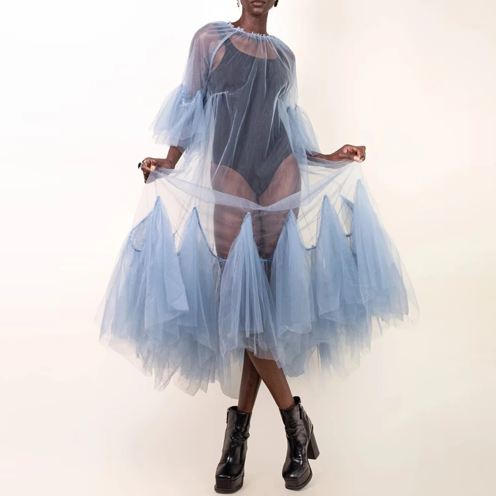 

Tulle Overlay Dress Sheer Festival Outfit With Bell Sleeves Elegant Maxi Sheer Dress Women Tulle Dress