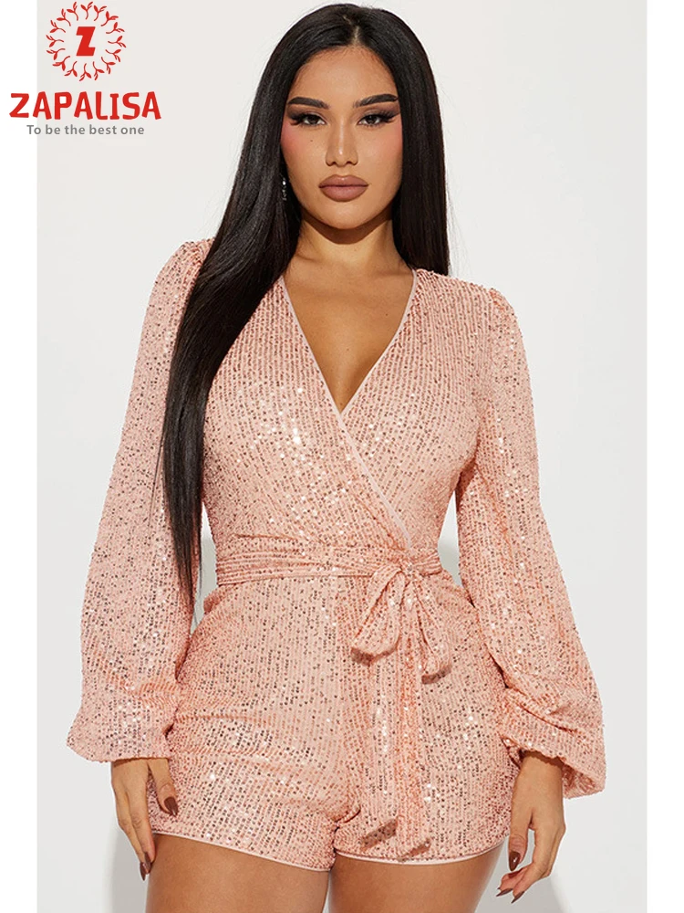 

Fashion Solid Color Playsuits for Women Patchwork Design Sequin Belt Decor V-Neck Mid Waist Long Sleeve Slim Hip Rompers