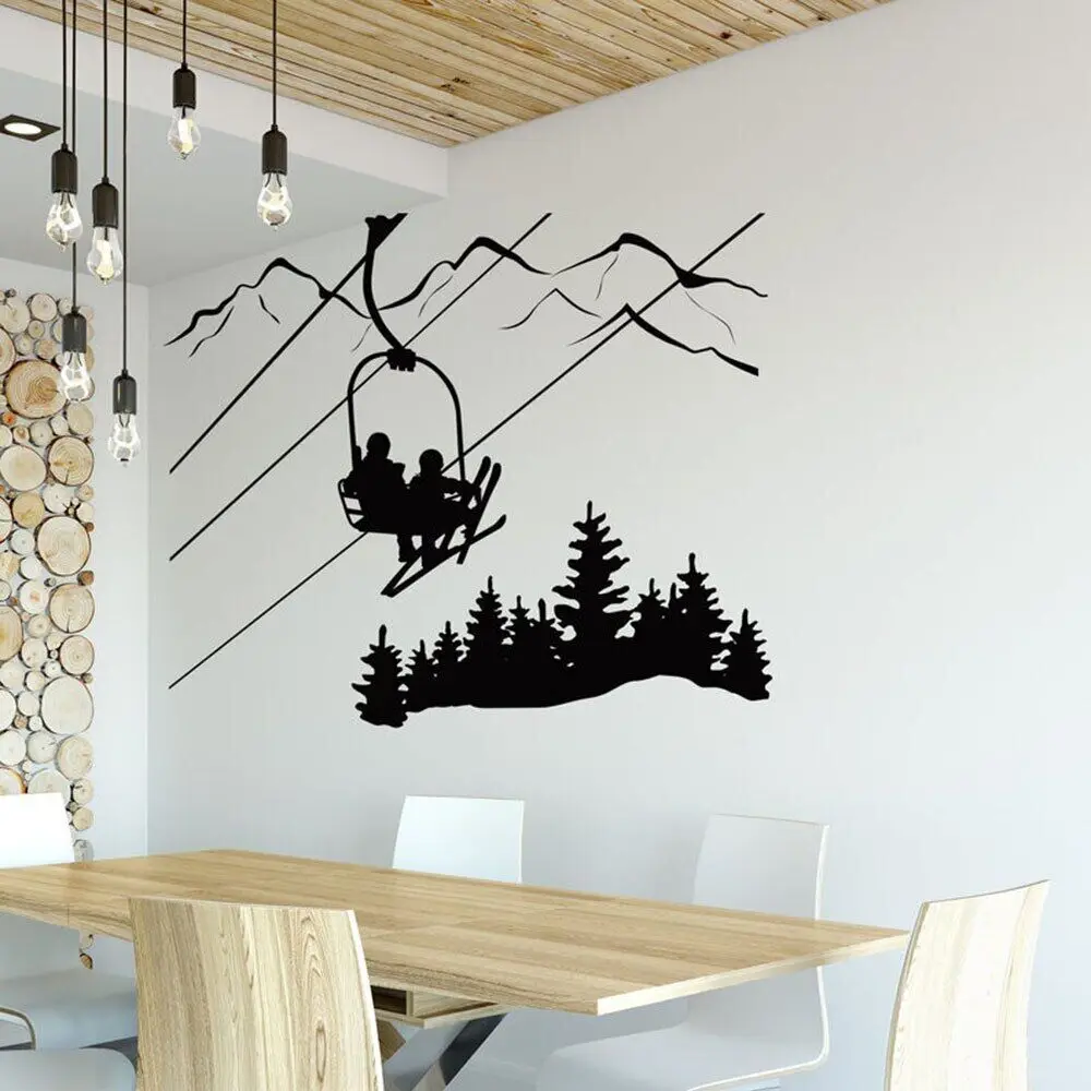 Sci Wall Decal Soggiorno Skier Ski Lift Chair Mountain Pine Tree Sticker Sport Invernali Adesivi Murali In Vinile Decorazioni Per La Casa D929