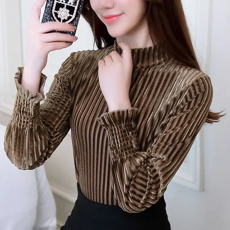 

Autumn Winter Female Solid Color Striped Elegant Pullovers Korean Folds Loose Thick Commute All-match Half High Collar T-shirt
