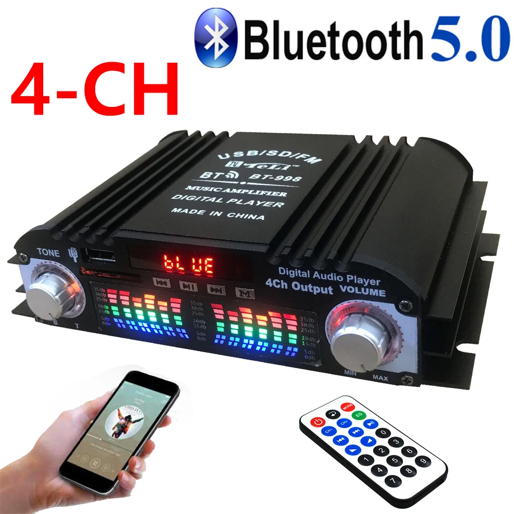 Bluetooth Amplifier HIFI 4-Channel Digital Audio Sound Amp FM Radio MP3 Support USB SD RCA 12V3-5A Home Audio System DC 12V