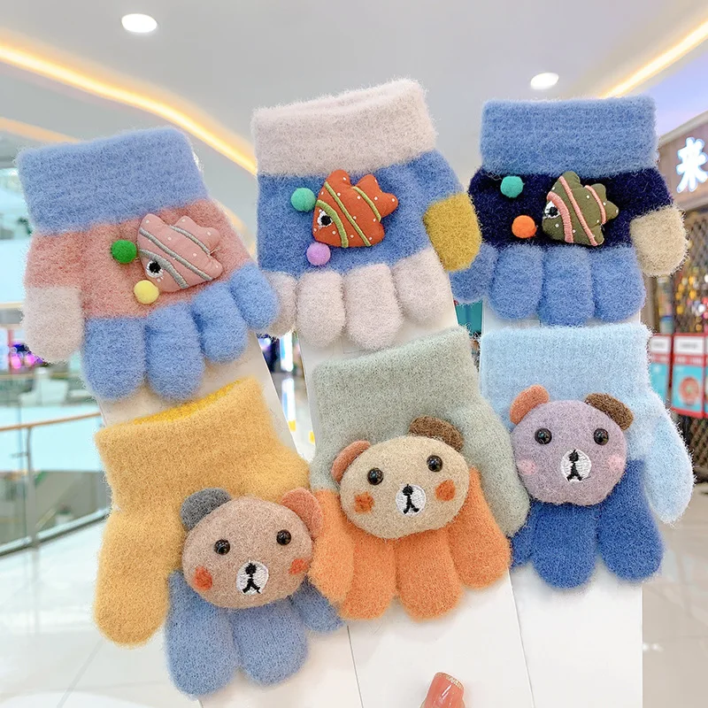 3D Doll Children Gloves Thick Baby Plush Gloves Cute Cartoon Toddler Five Finger Mitten 0-3year Boy Girl Kids Winter Hand Warmer