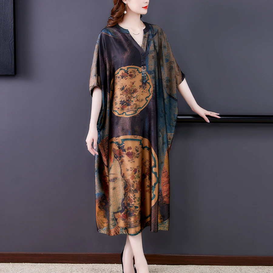 

2024 Print Natural Silk Plus Szie Loose Wasit Dress Women Korean Vintage Casual Party Dress Summer Batwing Sleeve Elegant Dress