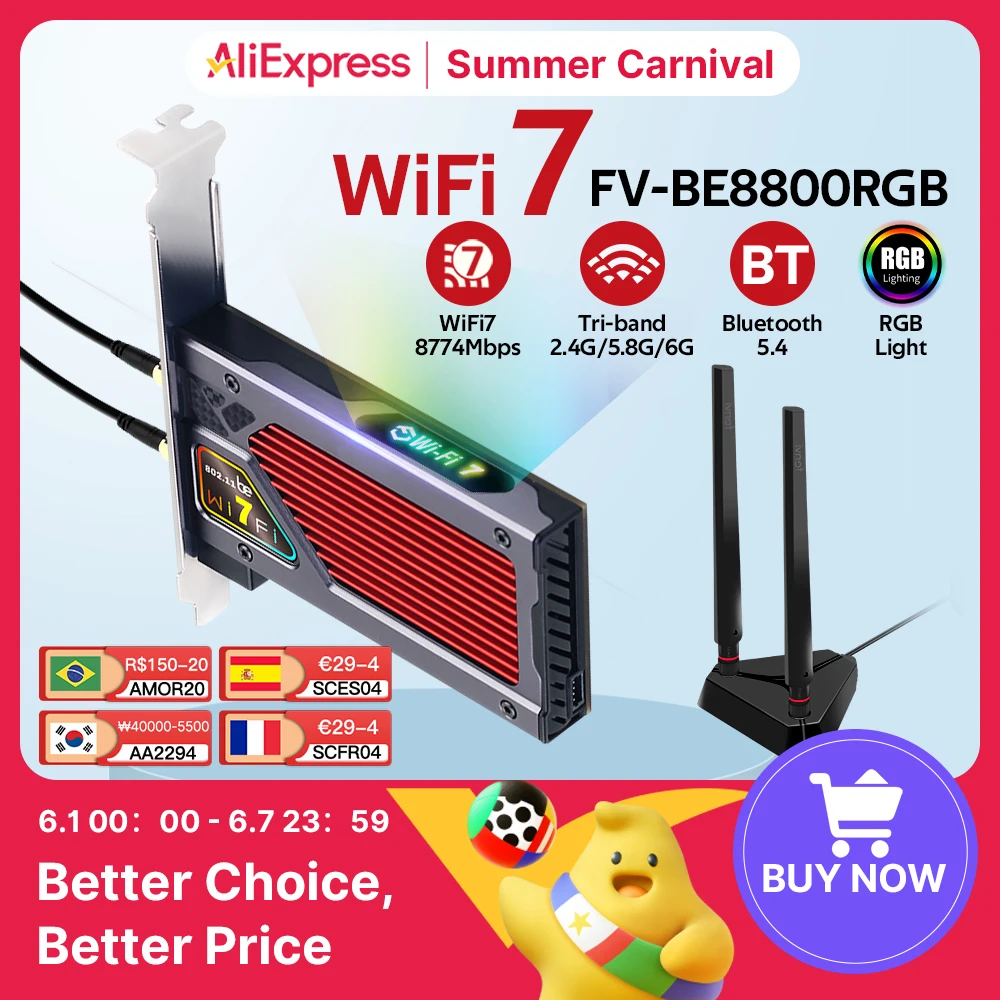 Fenvi-placa de Rede sem Fio Bluetooth 5.4 Wifi 8800mbps Wifi Adaptador Wifi Pcie Fv-be8800rgb 2.4g 5g 6g