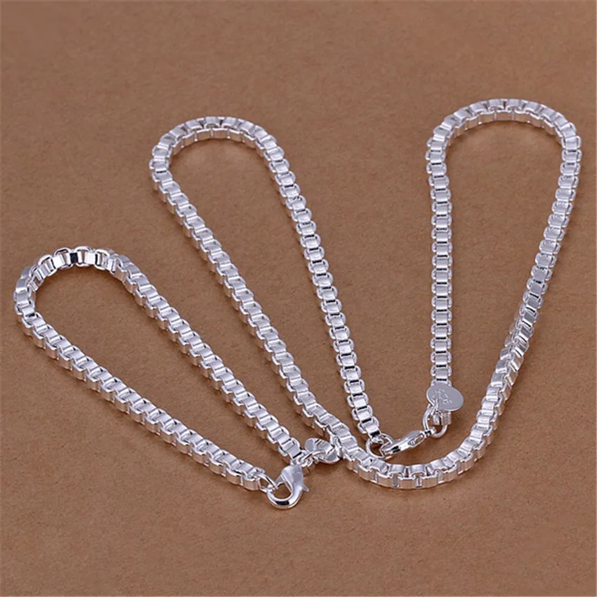 

Charm 925 Sterling Silver Bracelets Necklace Jewelry Set for Men Women Fashion Party Gift Girl Student Classic 4MM Box Chain