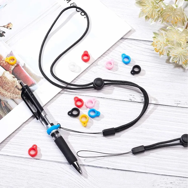 30PCS Anti-Lost Necklace Lanyard Set Include 6PCS Black Neck Lanyard Necklace Straps Pendant and 24PCS 8mm 6 Colors Silicone