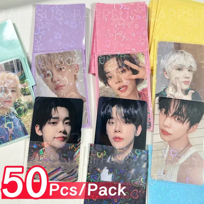 

50Pcs HD Laser Glitter Love Heart Kpop idol Photo Card Sleeve Toploader Holder Korea Star PhotoCard Anti-scratch Protector Shell