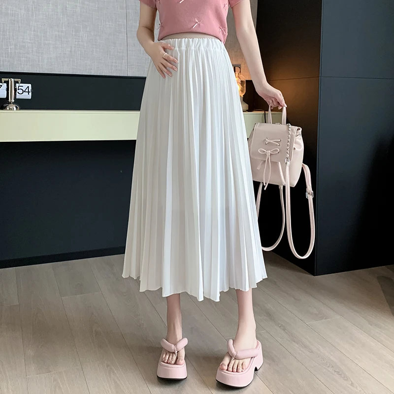 한국 스타일 임산부 플리츠 스커트, 긴 느슨한 허리 조절 가능한 쉬폰 스커트, 여성 큰 밑단 스커트, 패션