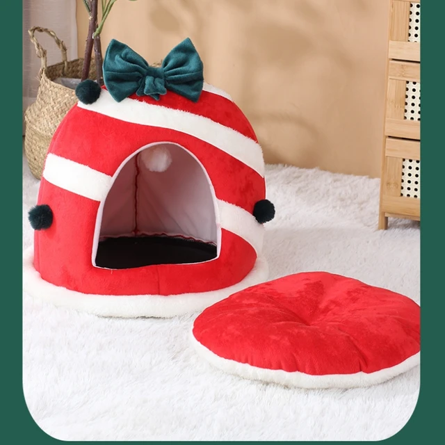 Winter Closed Cat Nest Christmas Gift Box Design Sleeping House for Cats Dogs Soft Warm Bed for Kittens Pet Party Dec Supplies 2