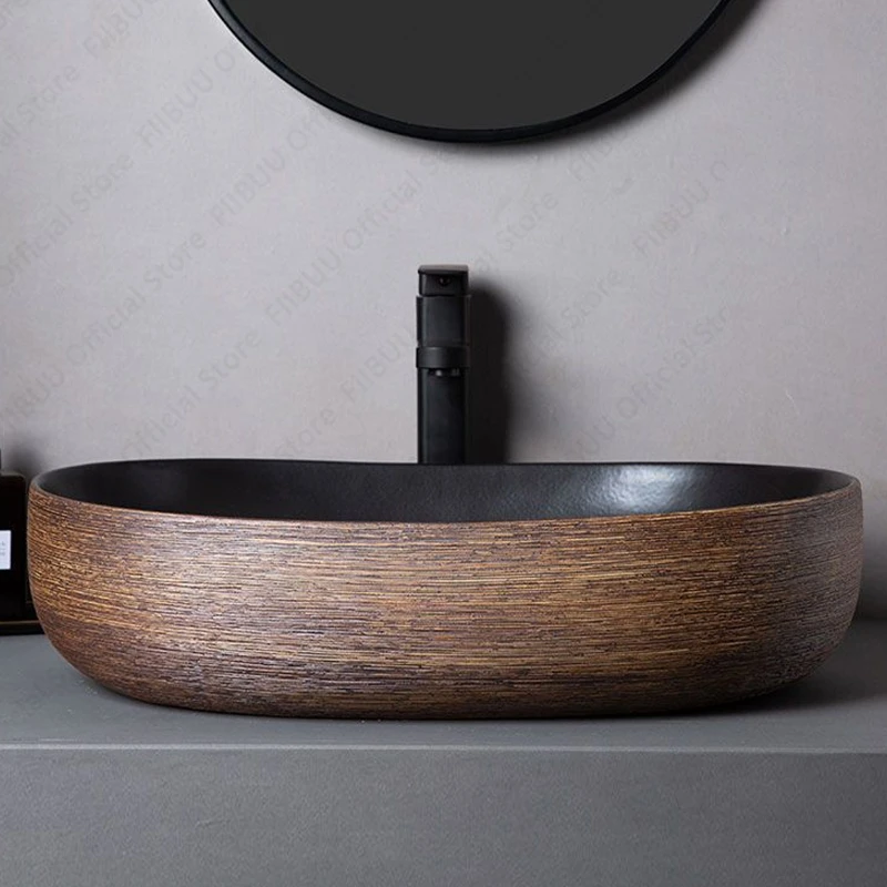 Brown Porcelain Ceramic Vessel Sink Above Counter Vanity Bowl Basin Bathroom Sanitary Balcony Table Sink Countertop Oval Basin 2