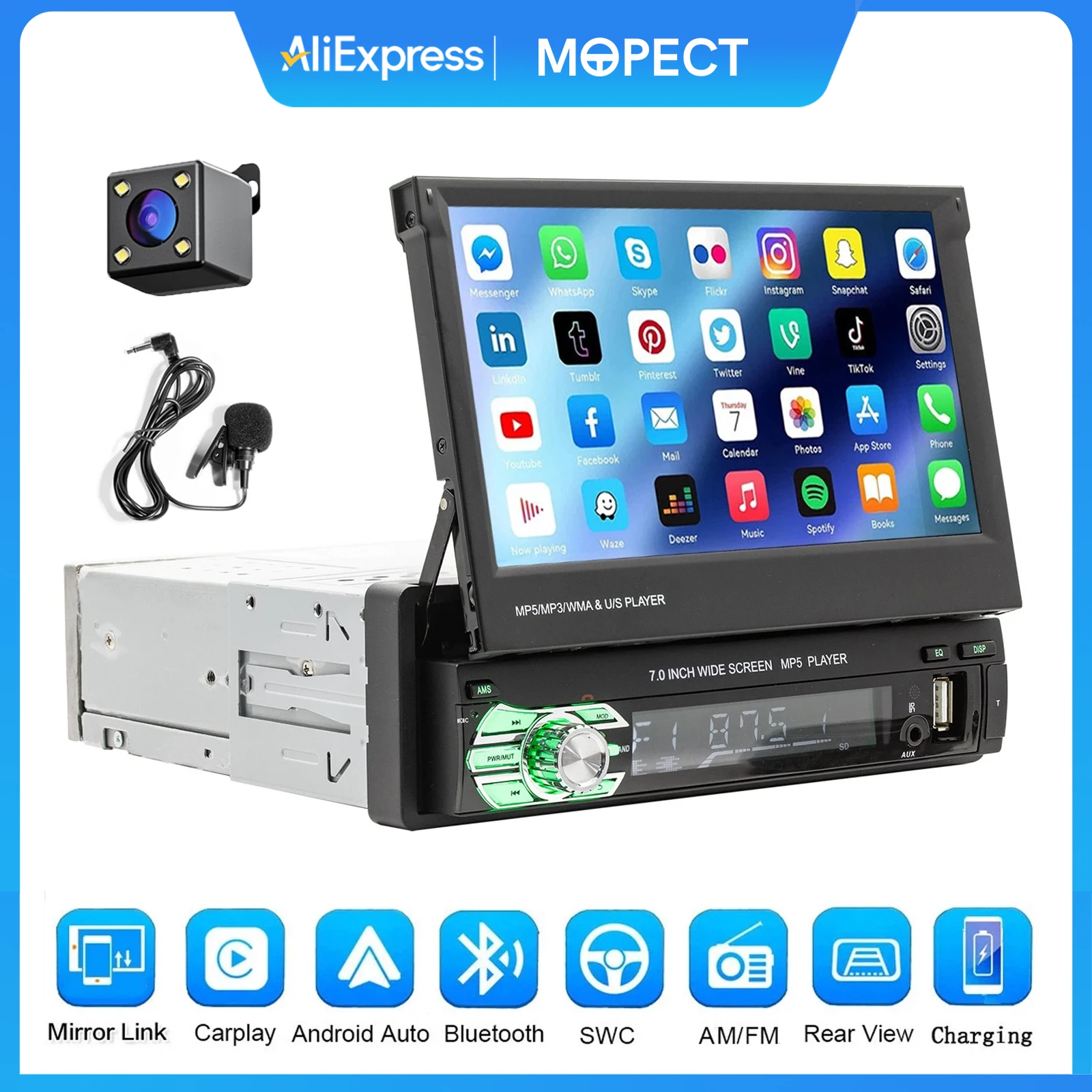 MOPECT Radio de Auto Inalámbrico con Carplay y Android Auto, Pantalla Táctil Retráctil de 7 Pulgadas, Reproductor MP5, 1 Din, WIFI, FM, Entrada AUX 1
