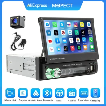 MOPECT Radio de Auto Inalámbrico con Carplay y Android Auto, Pantalla Táctil Retráctil de 7 Pulgadas, Reproductor MP5, 1 Din, WIFI, FM, Entrada AUX 1
