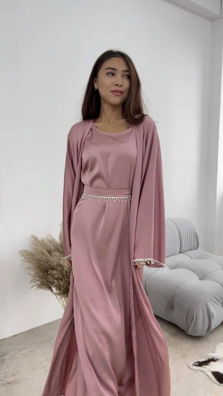 Satin Open Abaya Beads Kimono Muslim Abayas for Women Dubai Luxury Turkey Party Wedding Dress Kaftan Robe Ramadan Islamic Outfit