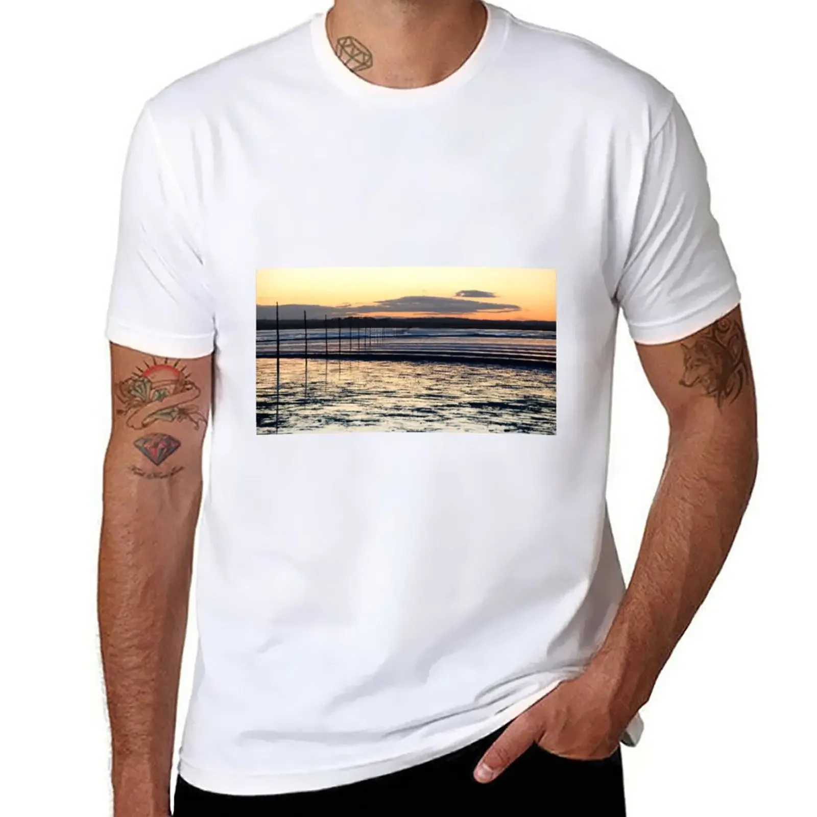 

Pilgrim Posts at Sunset, Holy Island of Lindisfarne T-Shirt oversizeds aesthetic clothes vintage clothes Men's cotton t-shirt