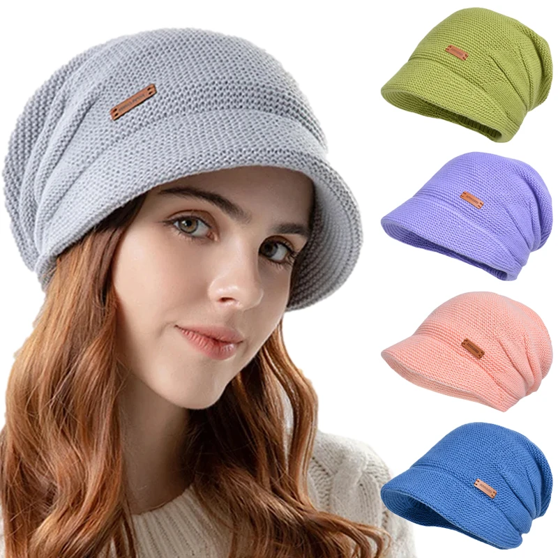 

Winter Knitted Hat for Women Outdoor Warm Thicke Fleece Wool Pullover Hats Wide Brim Ear Protection Lady Bonnet Fashion Beanies