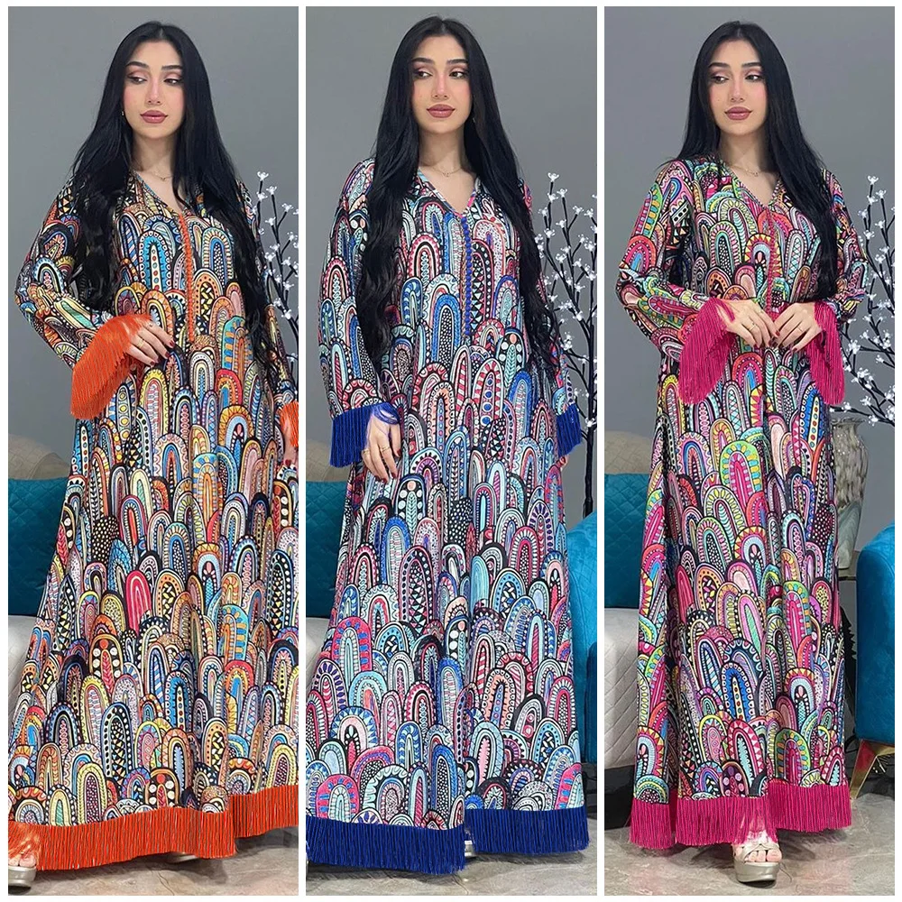 Saudi Arab Women Dress Fashion Printing Tassel Patchwork Long Sleeve Casual Losse Abaya Moroccan Dubai Daily Party 2024