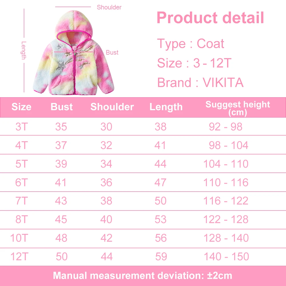 VIKITA Kids 가을 겨울 코트 자켓 소녀 스타 스팽글 Appliqued 지퍼 후드 양털 따뜻한 부드러운 겉옷 아동 의류