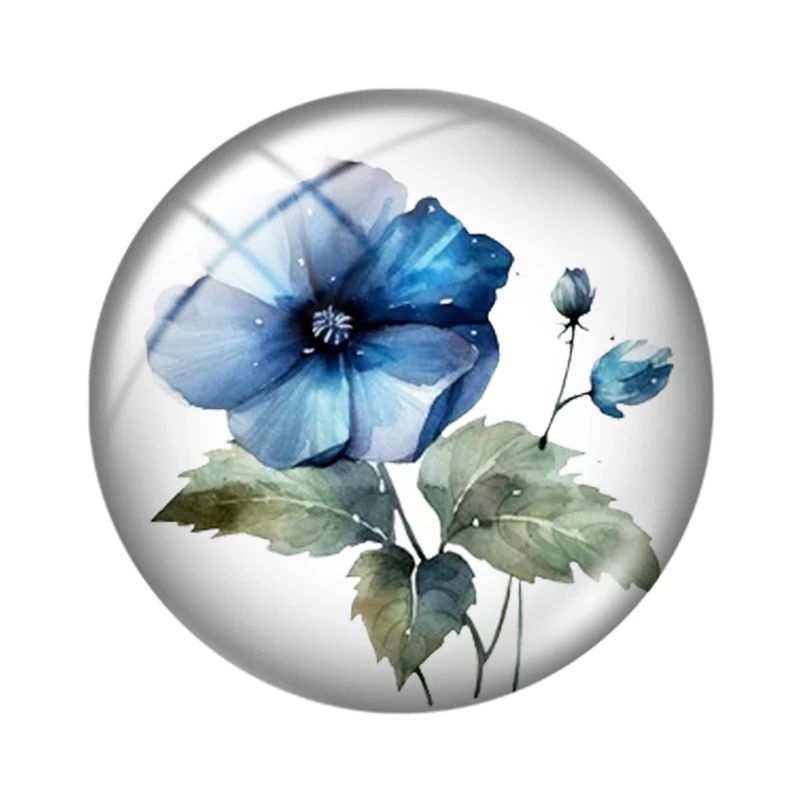 Blue Butterfly Floral Round Photo Glass Cabochon Set - 10pcs Flat Back Embellishments