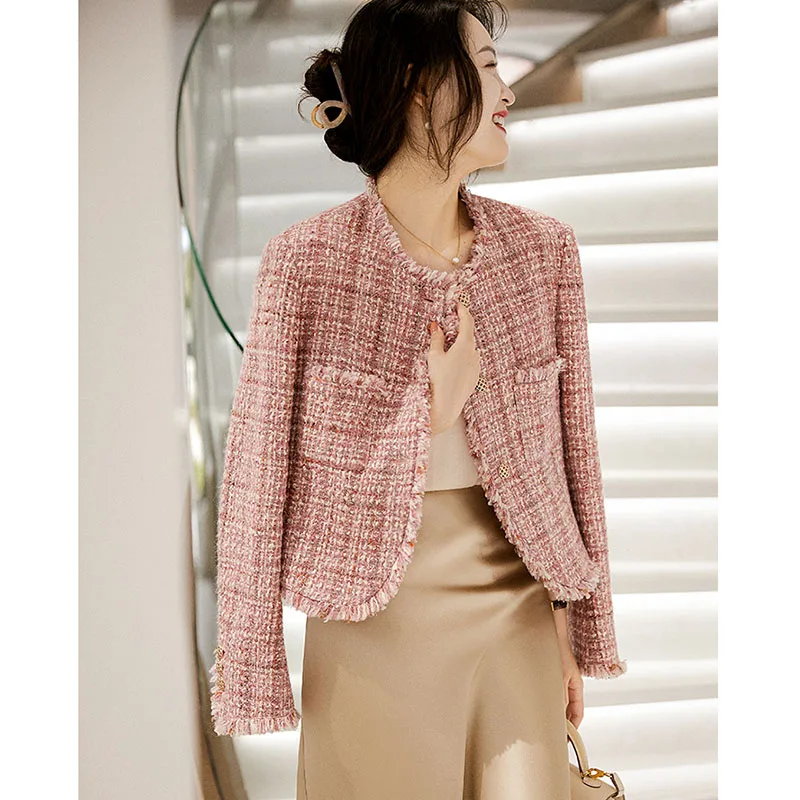 New Korean Fashion Tweed Jackets Women Long Sleeve Oneck Single