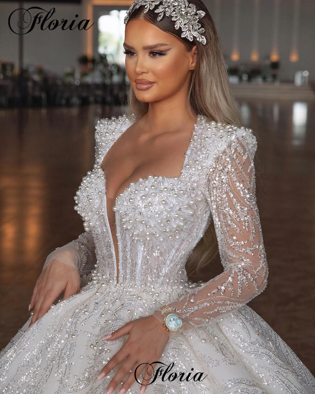 

New Elegant Princess Wedding Dresses For Pregnant Long Sleeves Pearls Wedding Gowns Luxury Vestido Blanco Chapel Brides Dress