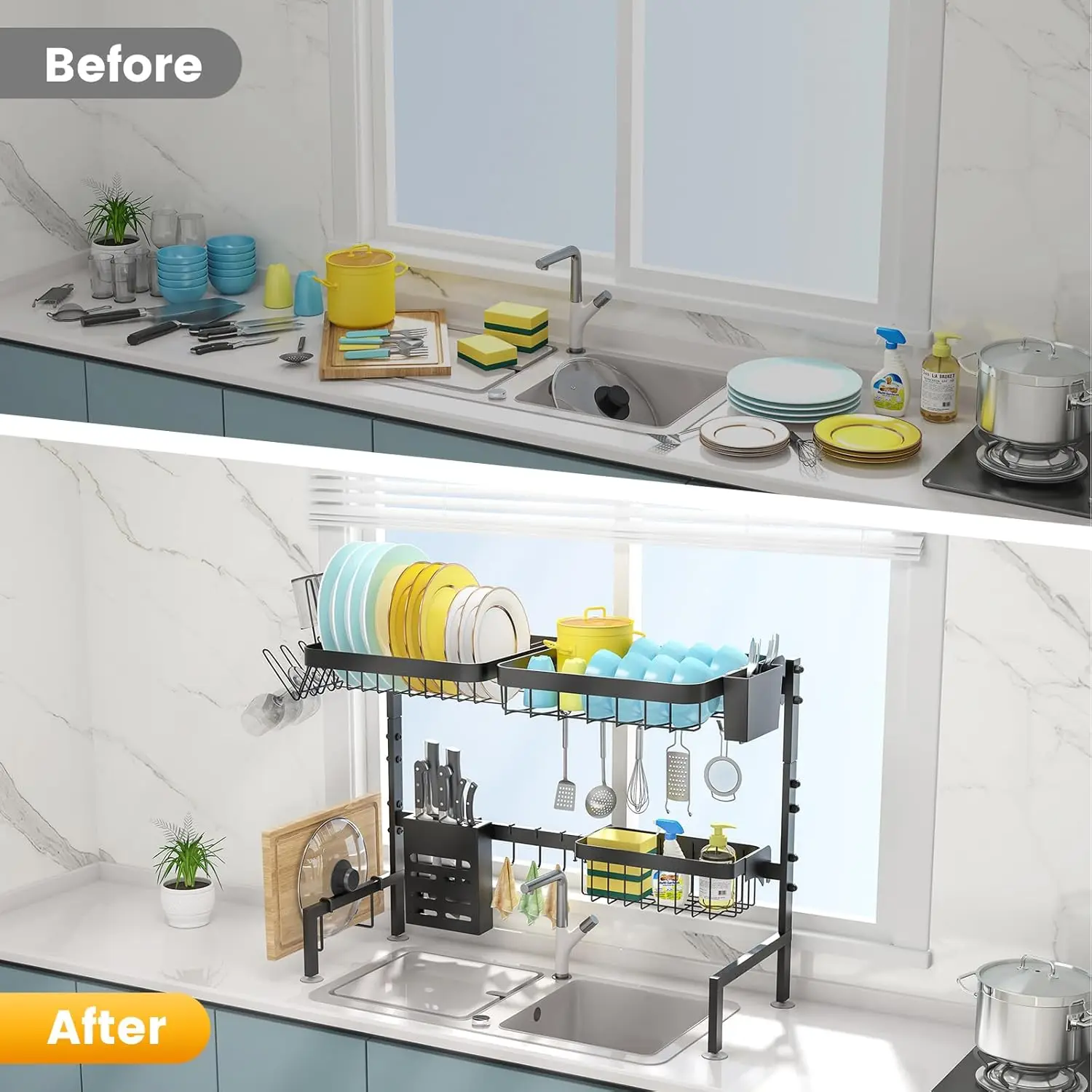 Over The Sink Dish Drying Rack Adjustable Length (25-33in), 2 Tier Dish Rack Over Sink with Multiple Baskets Utensil 2