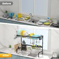 Over The Sink Dish Drying Rack Adjustable Length (25-33in), 2 Tier Dish Rack Over Sink with Multiple Baskets Utensil 2