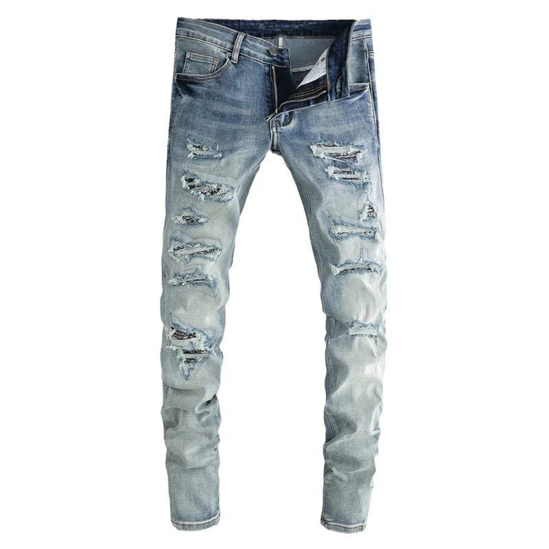 High Street Fashion Men Jeans Retro Blue Stretch Skinny Fit Ripped Jeans Men Bandana Patched Designer Hip Hop Brand Pants Hombre