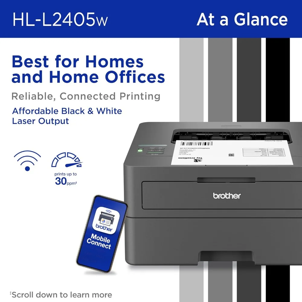 HL-L2405W Wireless Compact Monochrome Laser Printer with Mobile Printing Black & White Output includes Refresh Subscription