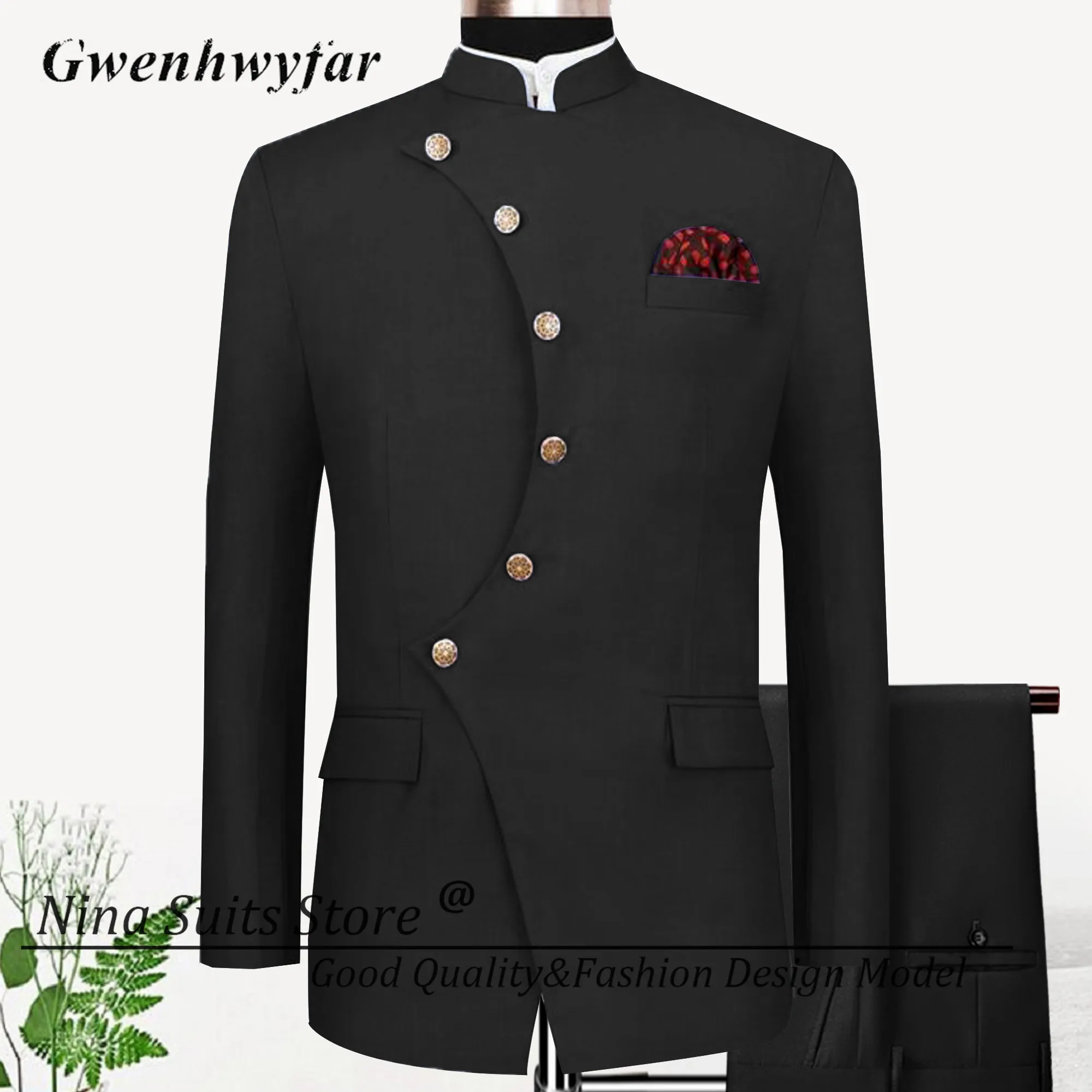 G&N African Design Men Suits Whole Black Unique Blazer Button Way Slim Fit Pants Groomsmen Wedding Tuxedos 2 Pieces Suit