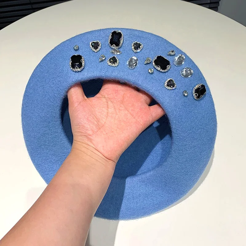 Hot Sale Beret Lady Thick Rhinestone Brimless Thermal Decor Wool Artist French Style Painter Hat Women Headwear_vogarts.com