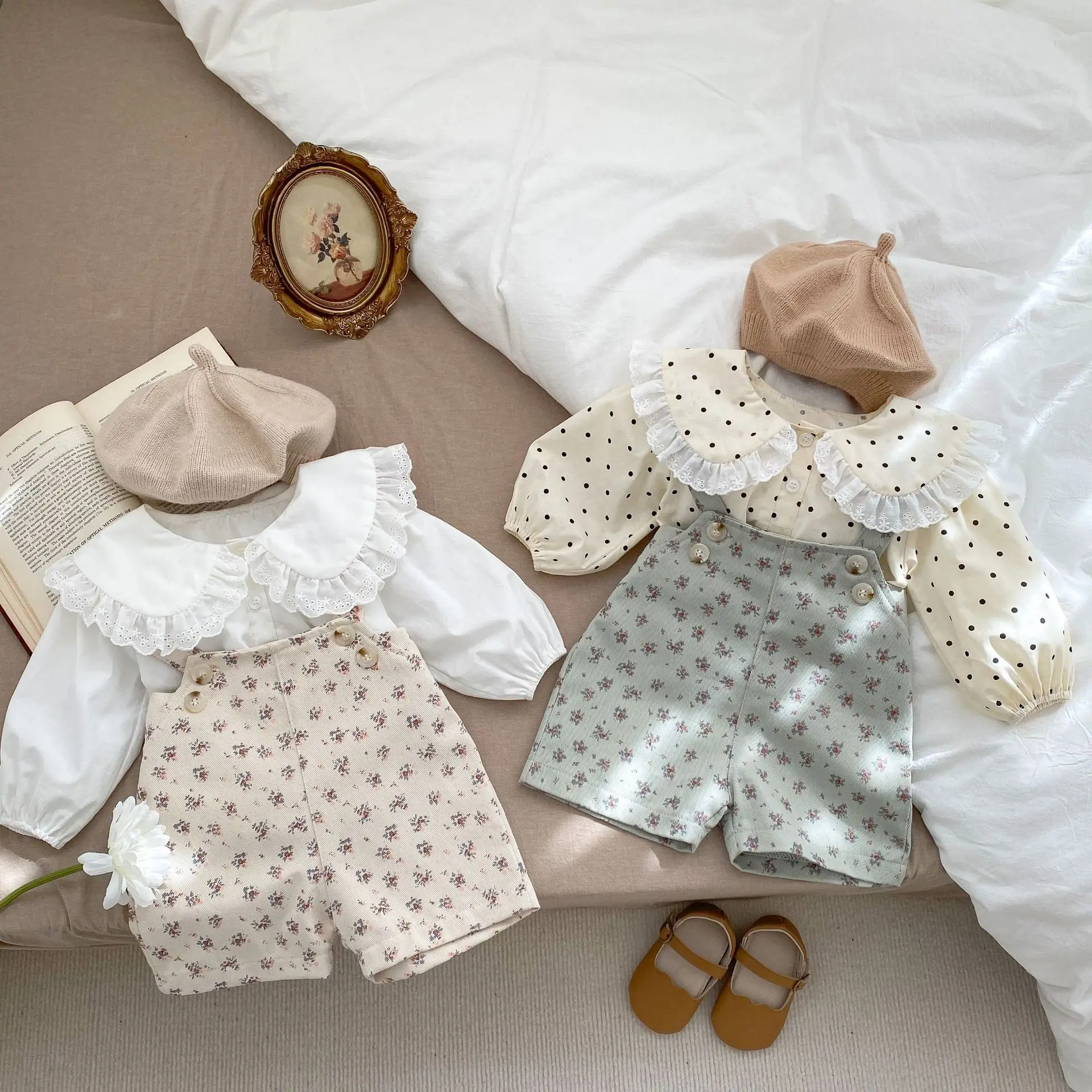 

2023 Spring Baby Clothes Girls Floral Overalls Suspender Pant Toddler Doll Collar Tops Lace Dot Long Sleeve Blouse Infant Set