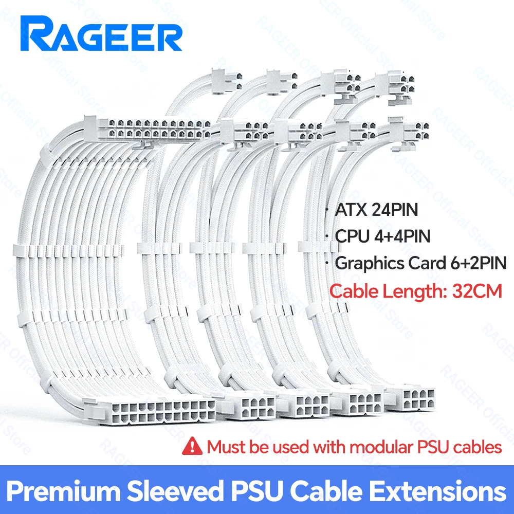 RAGEER PSU Kit de Cable de extensión Cable de placa base sólido ATX 24 pines GPU PCIe 6 + 2 pines 8 pines CPU EPS 4 + 4 pines 18AWG Cable de alimentación con peines