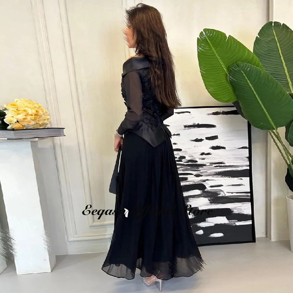 Black Appliques Evening Dresses Long Sleeves A-Line Chiffon Satin Saudi Arabia Women Prom Dress Party Gown فساتين مناسبة رسمية