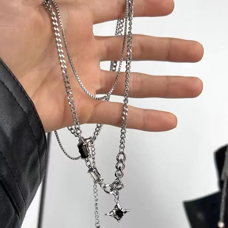 Hip Hop Zircon Star Double Layer Necklace for Men Women Trend Charm Titanium Steel Pendant Chain Unisex Jewelry Gift