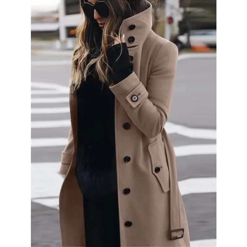 Autumn Winter New Woolen Coat Women's Slim Fit Cardigan Large Coat Women Long Sleeve Single Breasted Stand Collar Woolen Coat 2