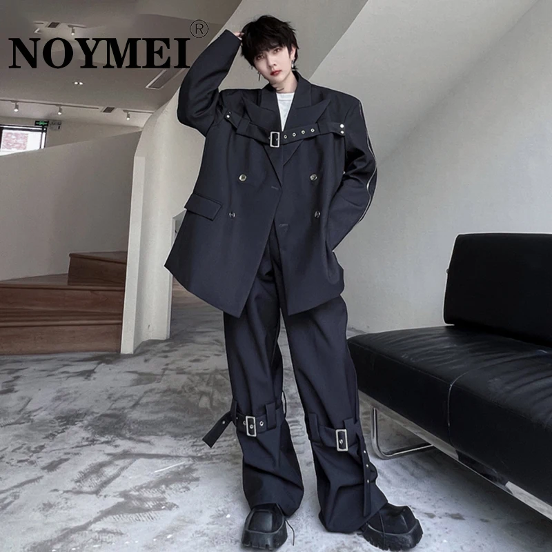 

NOYMEI Elgance Men Blazers Sets Korean Style Double Button Ribbon Luxury Autumn New Niche Design Casual Suit Pants WA2619