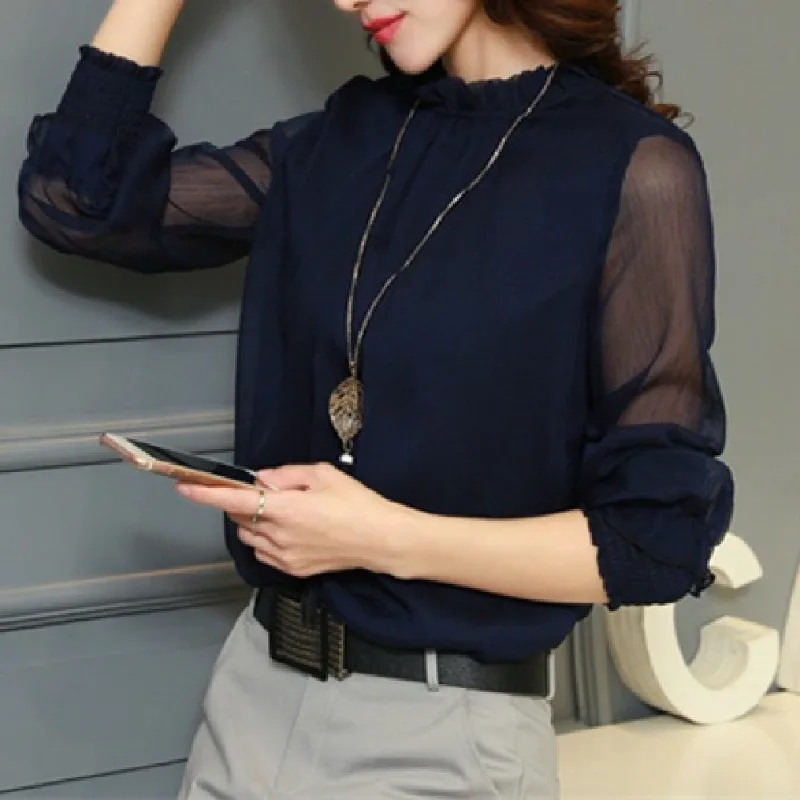 Ruffles Chiffon Shirts Women's Mesh Blouses Spring Summer Office Blusas Korean Lady Pullovers Tops Vintage Elegant Blouse 블라우스